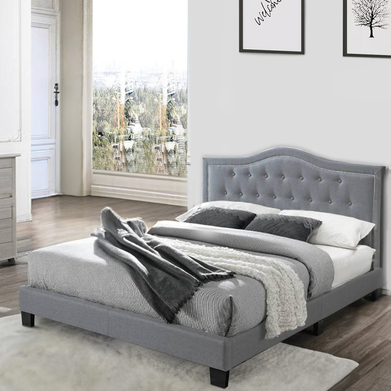 Lit plateforme tapissier touffeté, Grand, Gris foncé