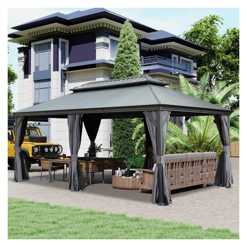 12'x20' Hardtop Gazebo with Resin & Steel Double Roof, Heavy Duty Outdoor Metal Pavilion with Drainage System, Privacy Curtains & Netting for Patio, Backyard