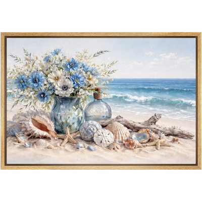 Blue Coastal Floral Seashell Artwork, Bathroom Pictures, Framed Canvas Giclee Print Wall Art