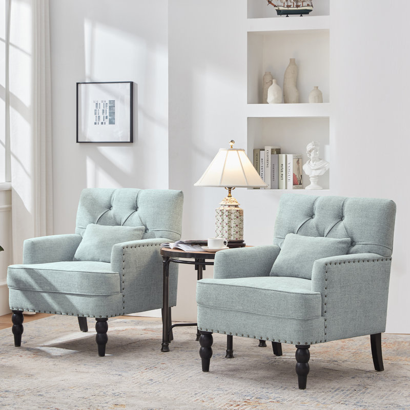 Arnice 29" W Button Tufted Upholstered Club Chair with Nailhead Trim (Set of 2), Light Blue Polyester Blend