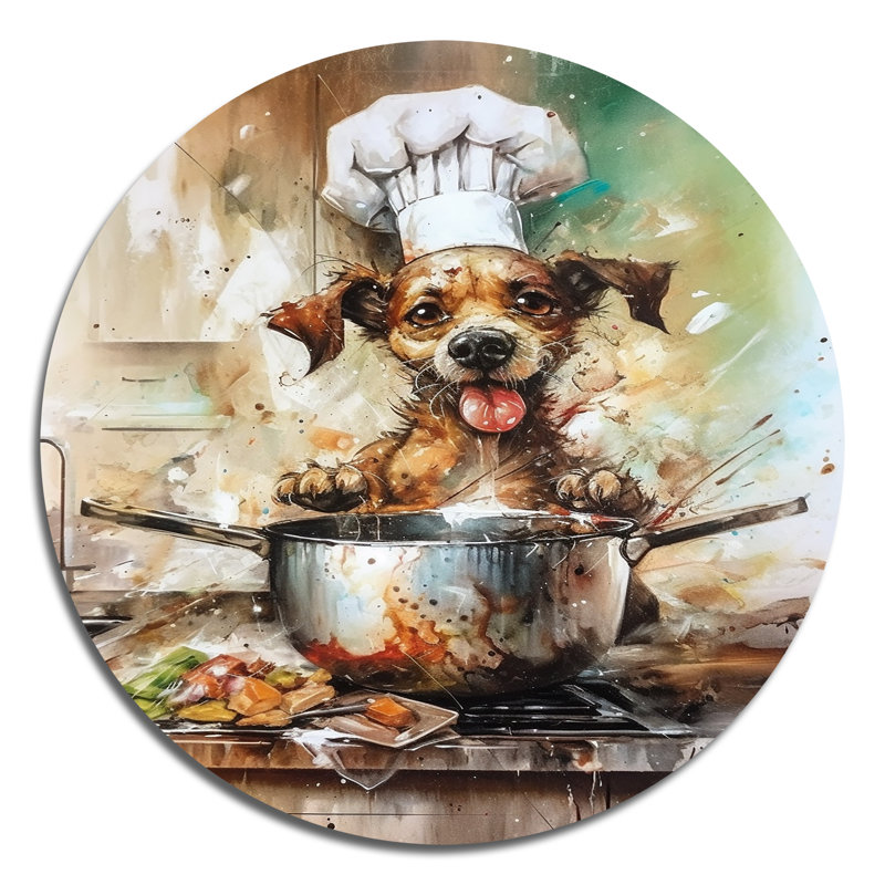 Chef de chien brun dans la cuisine - animaux, art rond en métal, H 16 po x l 16 po