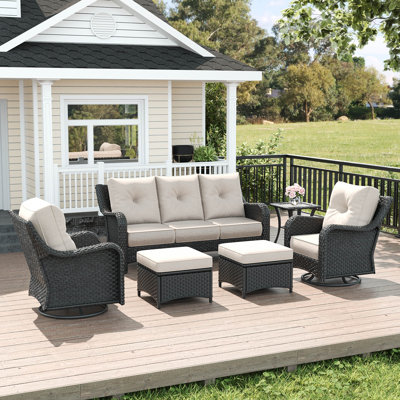  Ensemble de meubles d'extérieur 6 pièces en osier avec coussins confortables de 6 pouces, ensemble de meubles de patio à haut dossier avec chaises berçantes pivotantes et table d'appoint