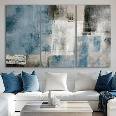 Art mural noir et blanc bleu marine, grandes peintures murales, œuvres d'art peintes à la main 24 po x 48 po x 3 po
