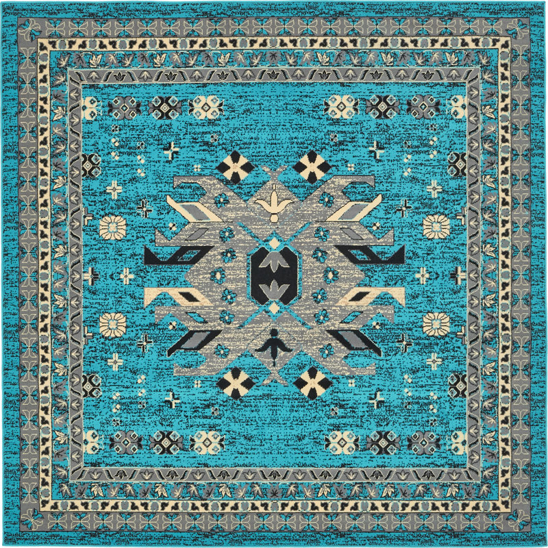 Tapis oriental turquoise Eesi, Carré 8 pi