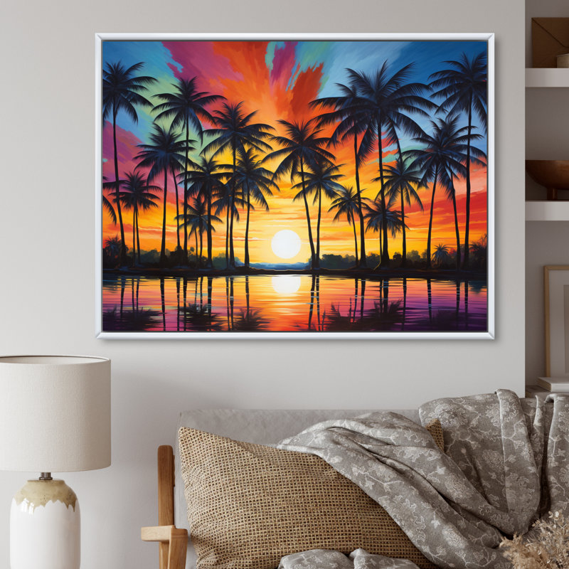 «Colorful Bold Palm Trees Landscape III», reproduction sur toile, H 12 po x l 20 po x P 1 po, Cadre flottant blanc