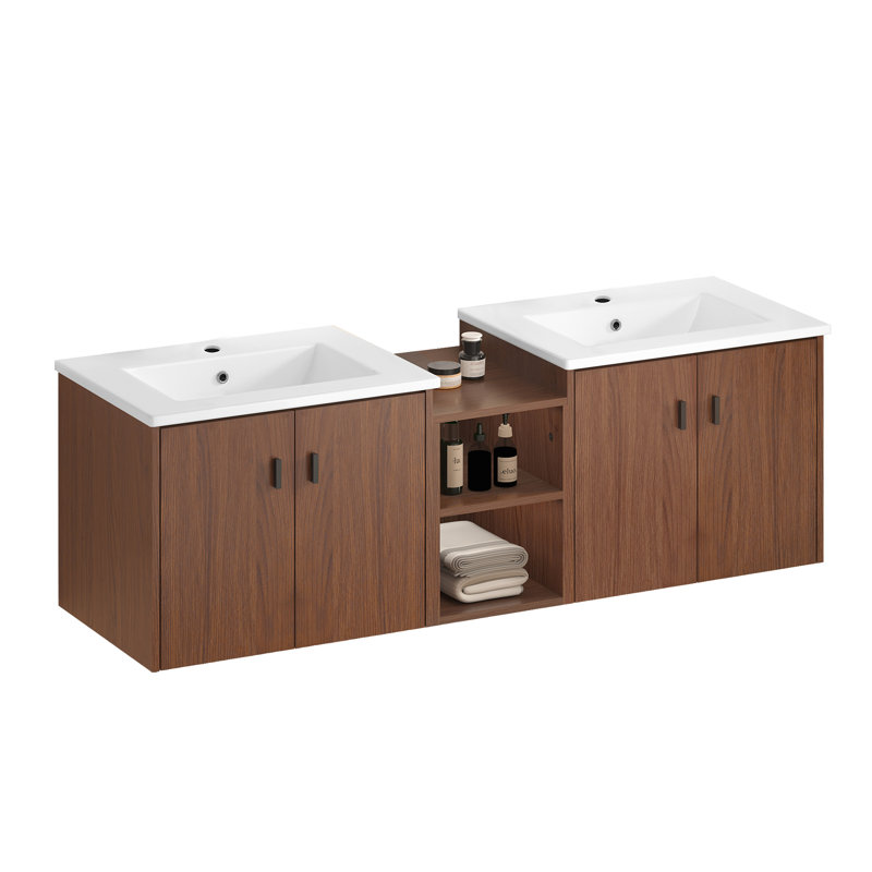 60in reddish brown Soft Close Doors Bathroom Vanity , A Small Storage Shelves, 24" and 12" Combination Cabinet,(KD-Packing)
