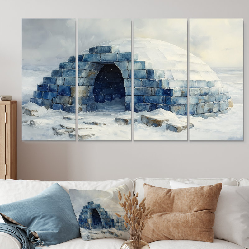 Igloo in Blue and White Tones III - Winter Landscape, ensemble d'art sur toile, H 32 po x l 64 po