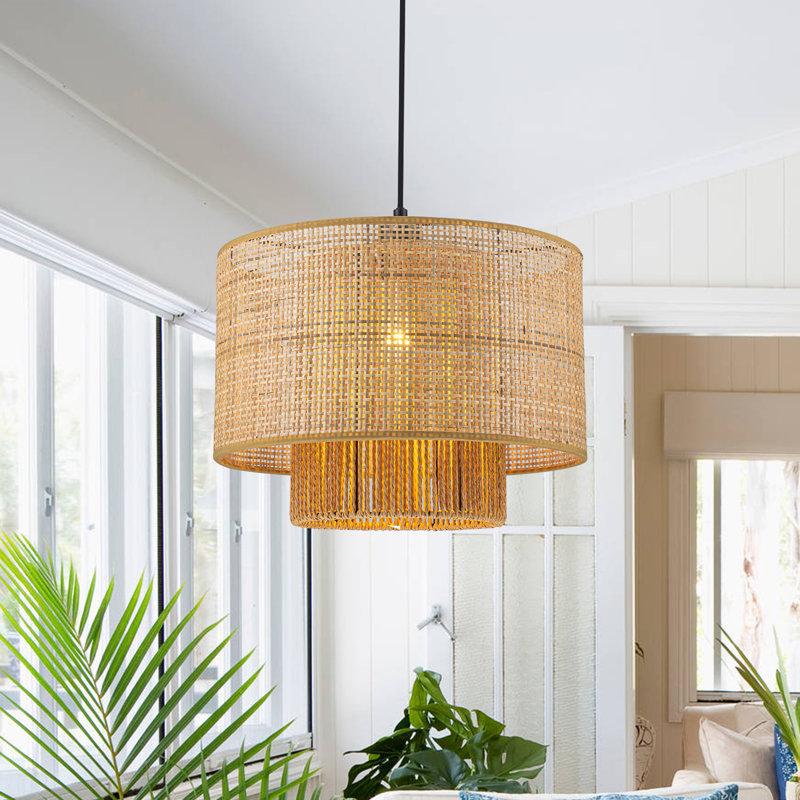 1-Light Bohemian Natural Rattan Drum Single Pendant