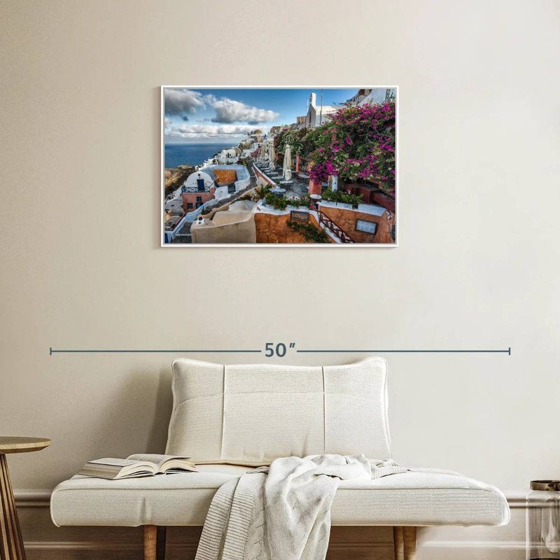 Bougainvilliers et cafés à Oia Santorini, Cadre flottant blanc, 31 po x 21 po