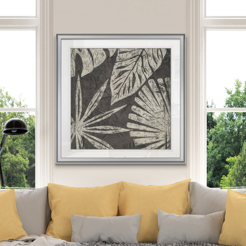 « tribal palms iv », peinture, H 16 po x l 16 po x P 1,5 po, Encadrement argenté