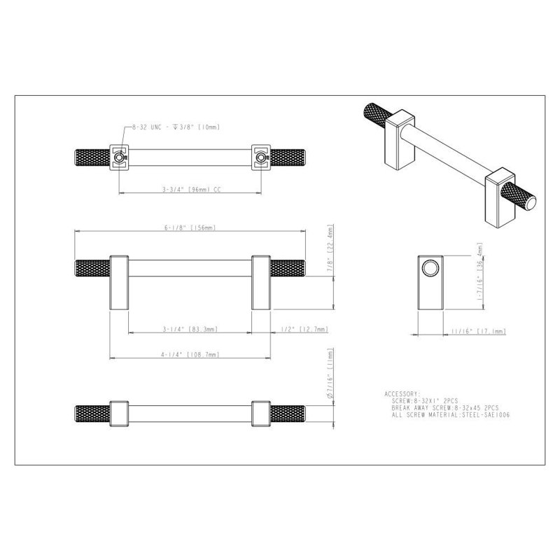 Larkin 4 Knurled Ends Bar Pull, 6 5/16", Matte Black