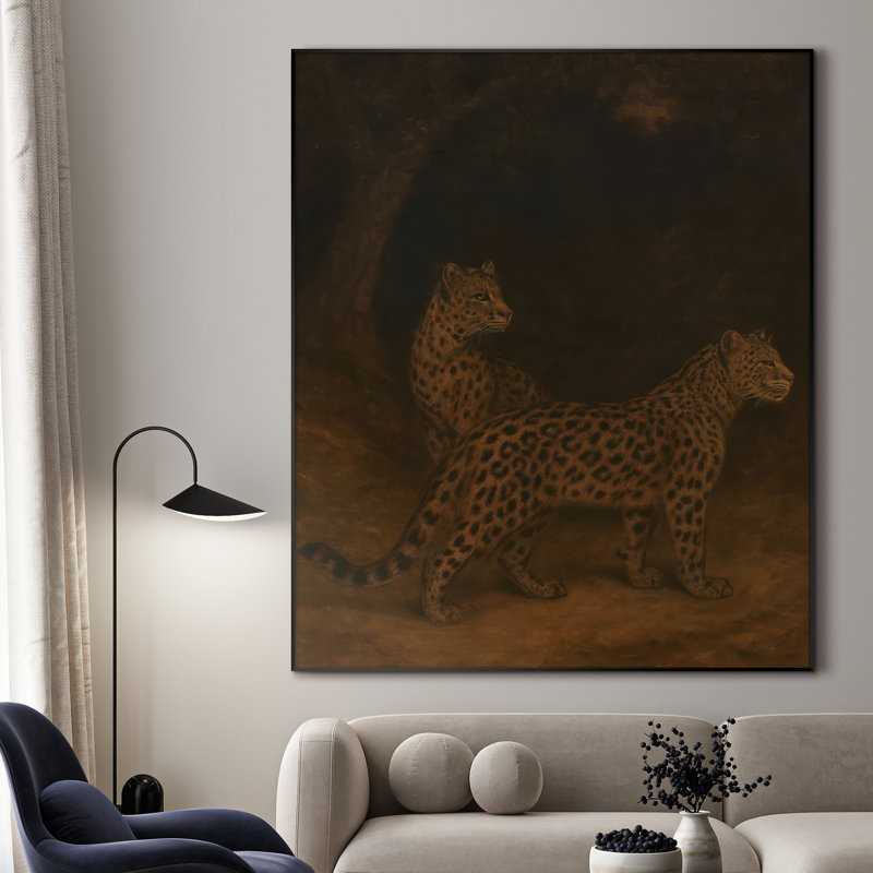 Très grande reproduction d'art sur toile - Deux léopards en alerte dans un décor de forêt profonde pour le salon ou la chambre à coucher - «Assemblage requis du cadre (cadre non fini)»