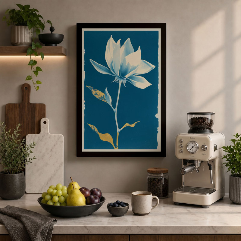 White Lotus Bloom Botanical - Wrapped Canvas, 36x24 - 91.4 x 61.0 cm, Ochre Border
