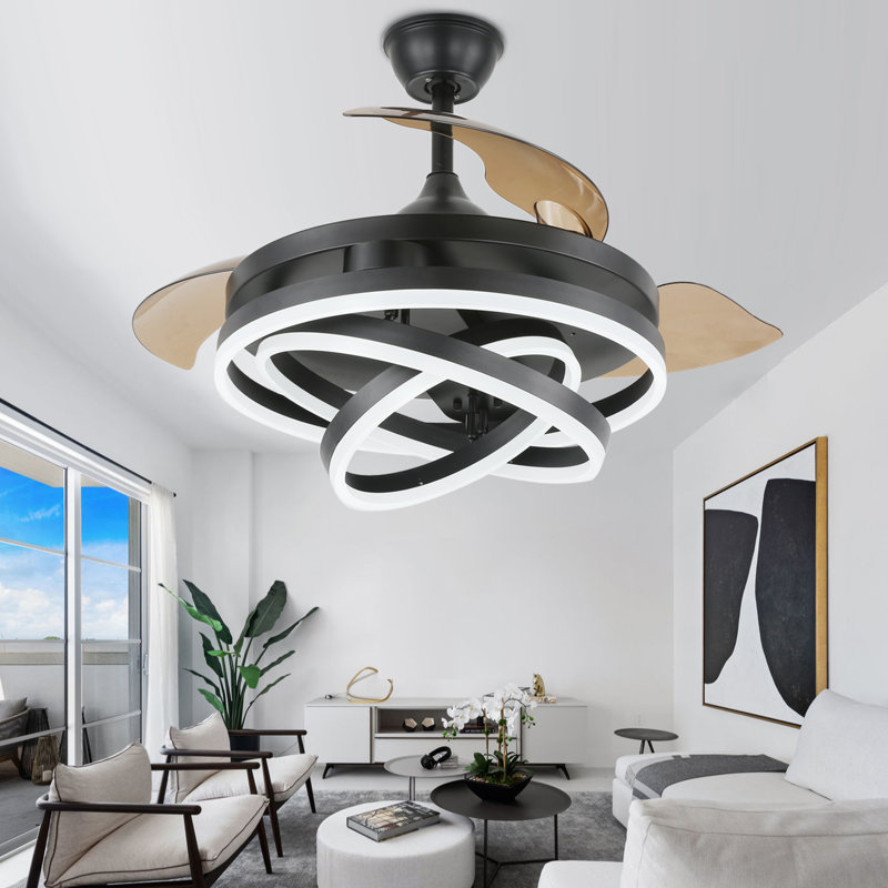 Brynnly 42" Black Retractable Ceiling Fan with LED Lights, DC Motor Remote 3-Color 6-Speed for Living Room, Bedroom
