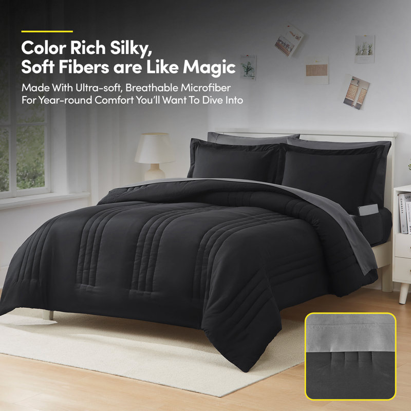 8 Piece Quilted Solid Stripe Comforter, Sheet Set And Mattress Protector Bedding Bundle, Full, Black/Charcoal