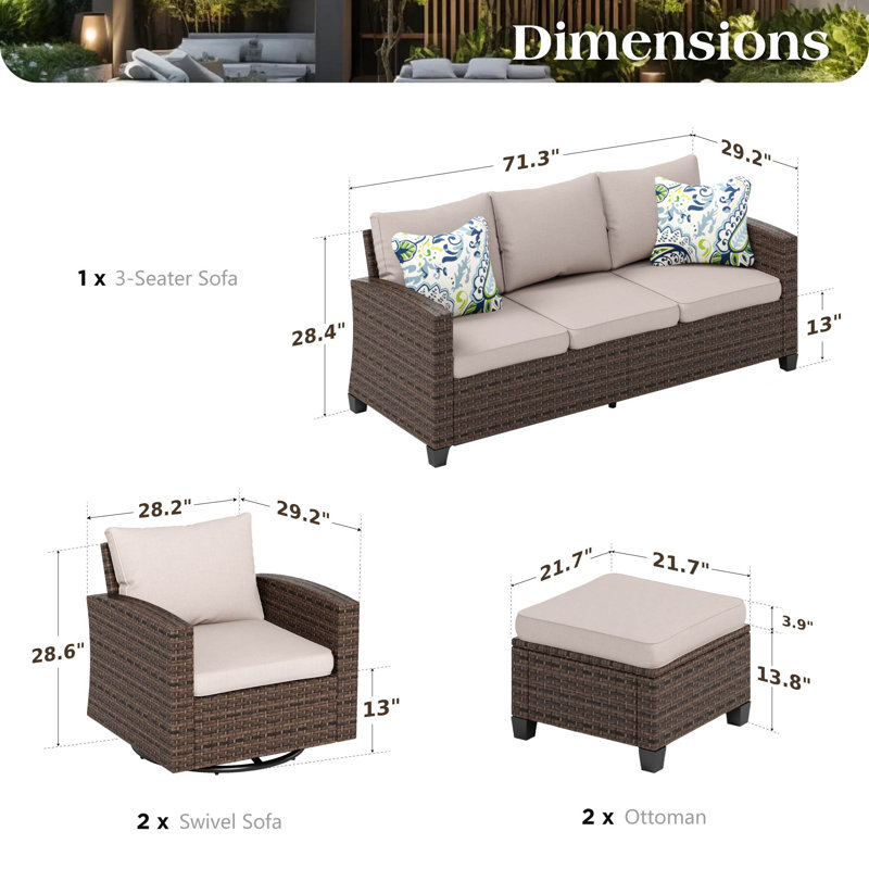 5 - Person Outdoor Wicker Patio Conversation Set with Swivel Chairs, Beige, No