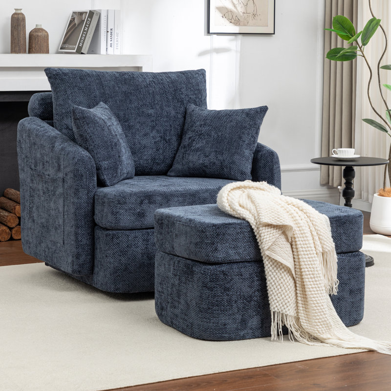 39''W Chenille Swivel  Accent Chair With Compression Ottoman for Living Room with Pillows Back, Blue, 1