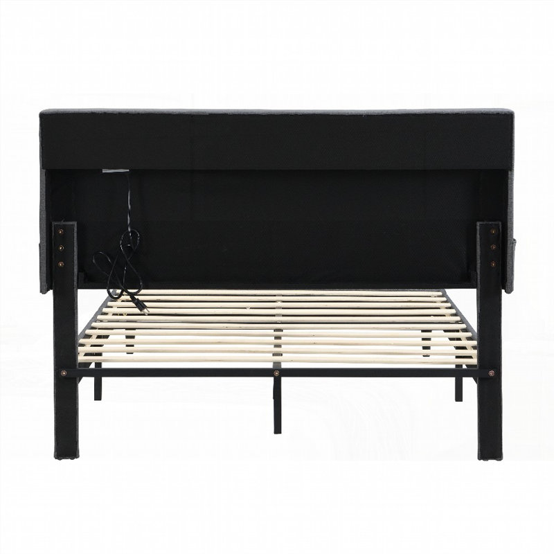 Très grande base de lit tapissier avec tête de lit en tissu de lin capitonné, pas besoin de sommier, support solide et amp; Ports USB