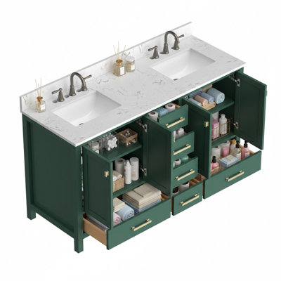 Meuble-lavabo 60 po, meuble-lavabo avec cadre en bois massif, comptoir autoportant avec 2 lavabos vert