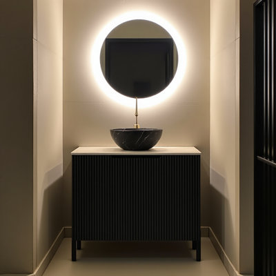 Freestanding bathroom vanity 30'' with black ceramic basin, white sintered stone countertop, 2-door storage cabinet, faucet not included, black