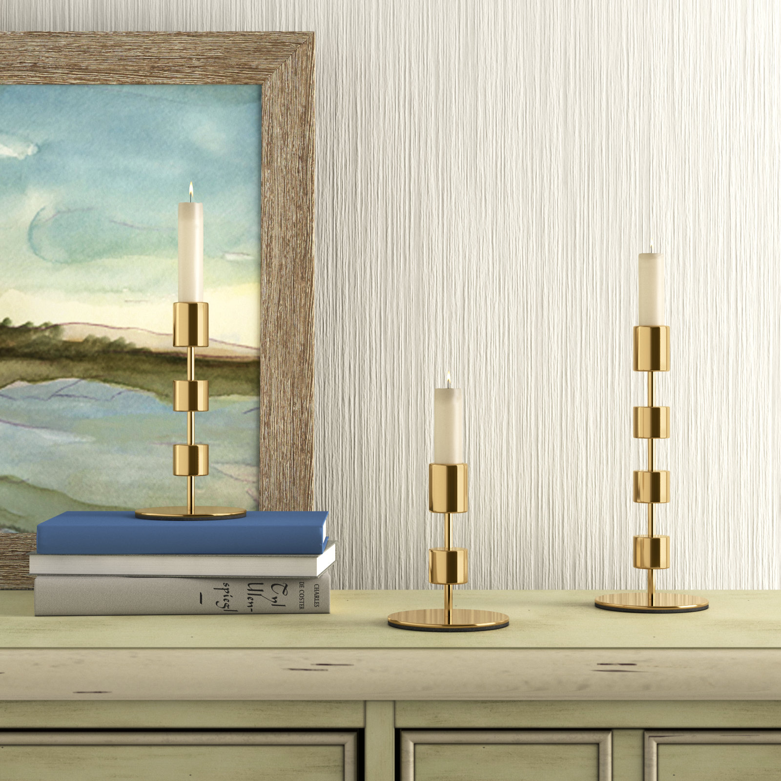 3 Piece Aluminum Tabletop Candlestick Set, Gold