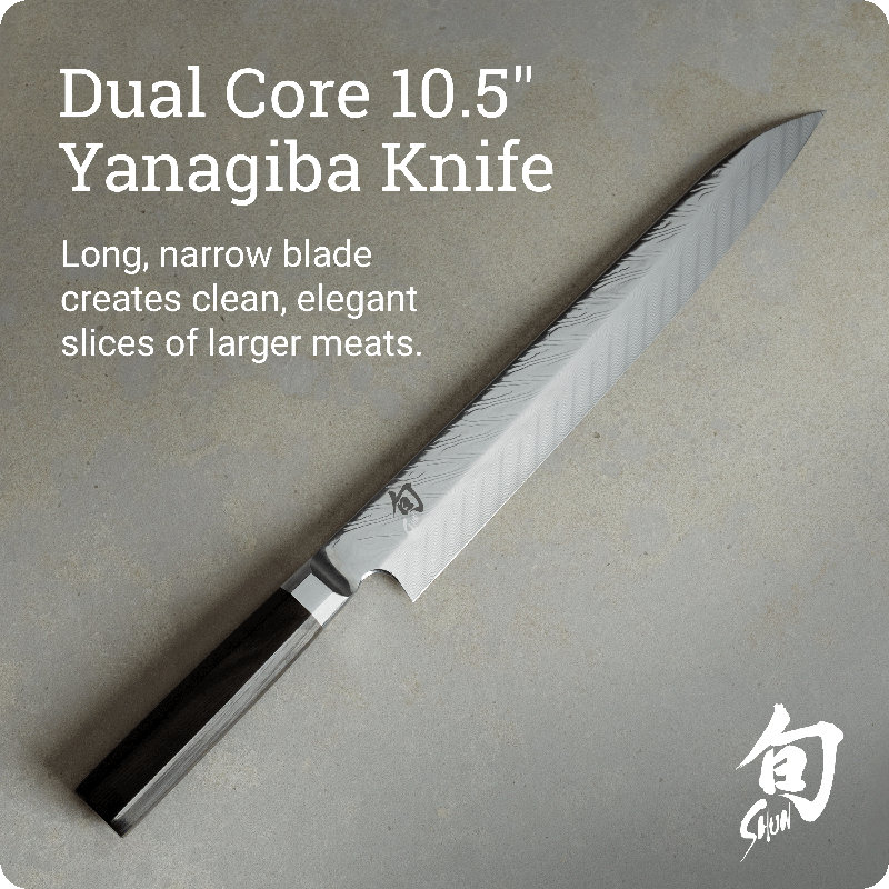 Shun Dual Core 10.5" Yanagiba Knife, Handcrafted Japanese Sashimi Knife, VG10 and VG2 Damascus Steel Blade, Pakkawood Handle, Versatile Japanese Kitchen Tool
