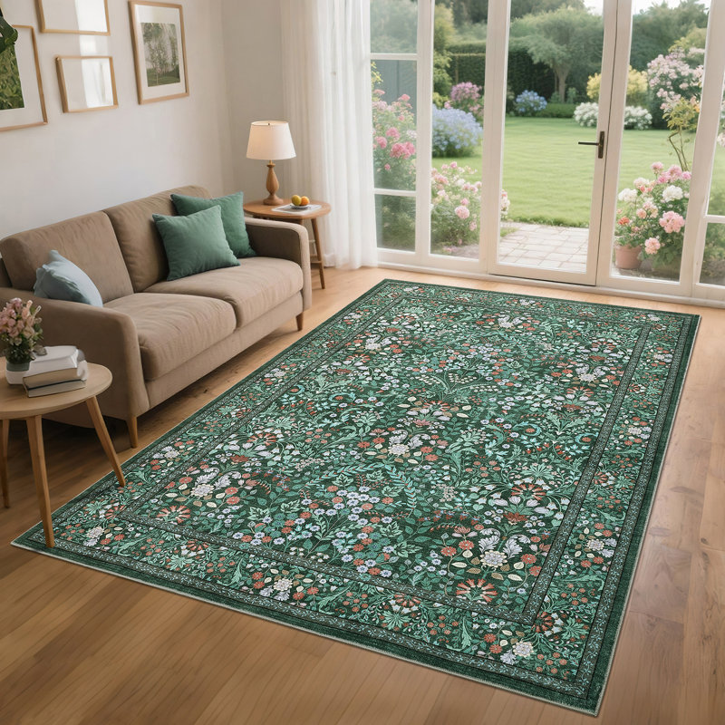 Floral Area Rugs for Living Room Washable Rugs Non Slip Boho Dining Room Carpet Vintage Botanical Print Low Pile Soft Carpet for Office Nursery Farmhouse