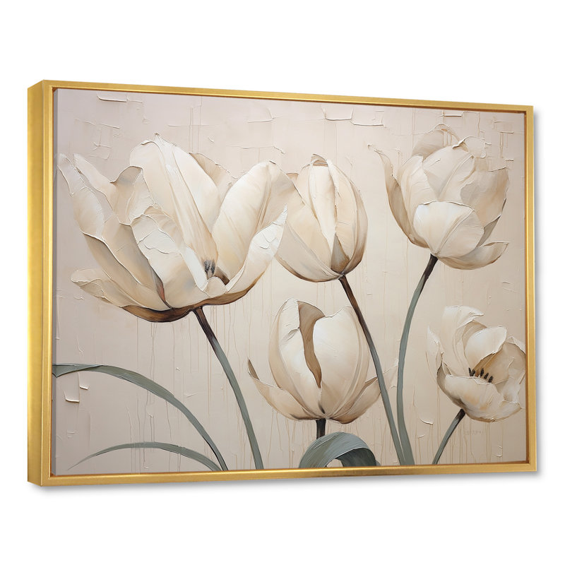 Minimalisme, tulipes blanches symphonie II sur toile, Cadre flottant doré, H 24 po x l 32 po x P 1 po