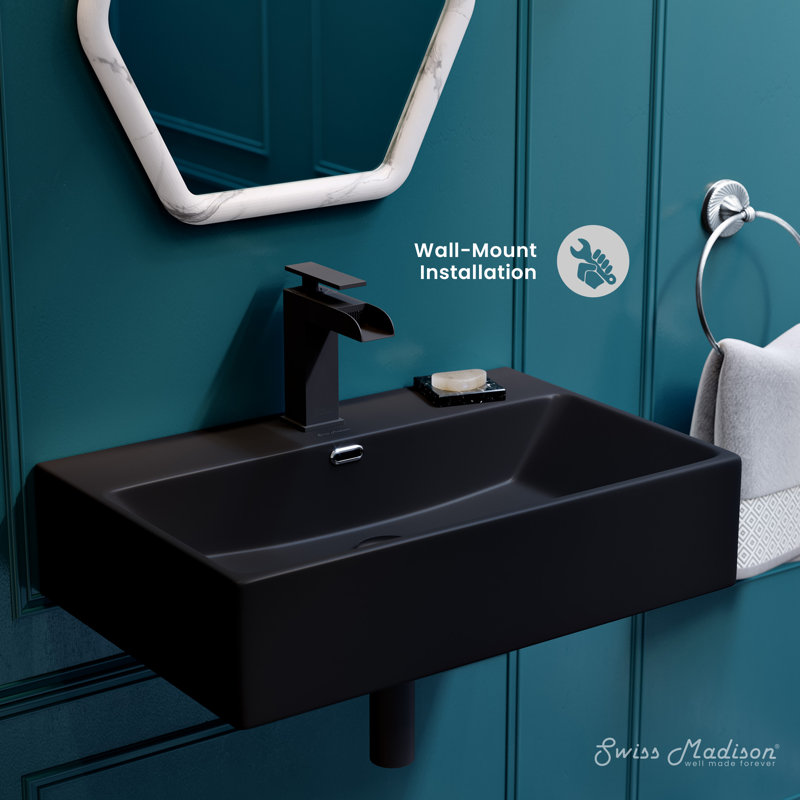 Claire 24" Rectangle Wall-Mount Bathroom Sink in Matte Black, Matte Black, Single Hole