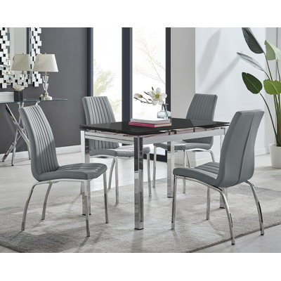 Tierra Modern Glass & Metal Extendable Dining Table Set & 4 Luxury Faux Leather Dining Chairs