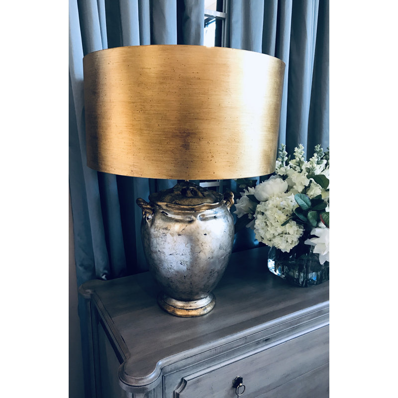 Gold And Distressed Silver Large Drum Shade Table Lamp , Gold