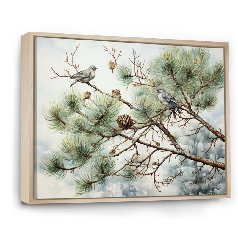 Oiseau sur pin I - Art mural pin, H 30 po x l 40 po x P 1,5 po, Cadre flottant érable