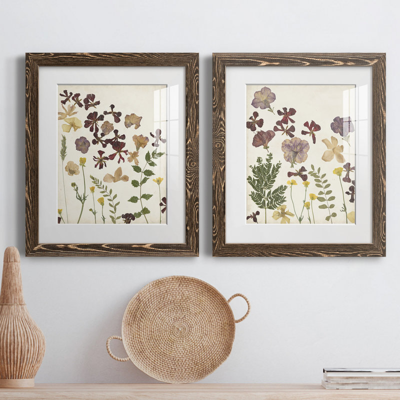 Pressed Flower Arrangement III - Ensemble de 2 reproductions d'art, H 20 po x l 17 po x P 1 po, Papier, cadre noyer, Blanc