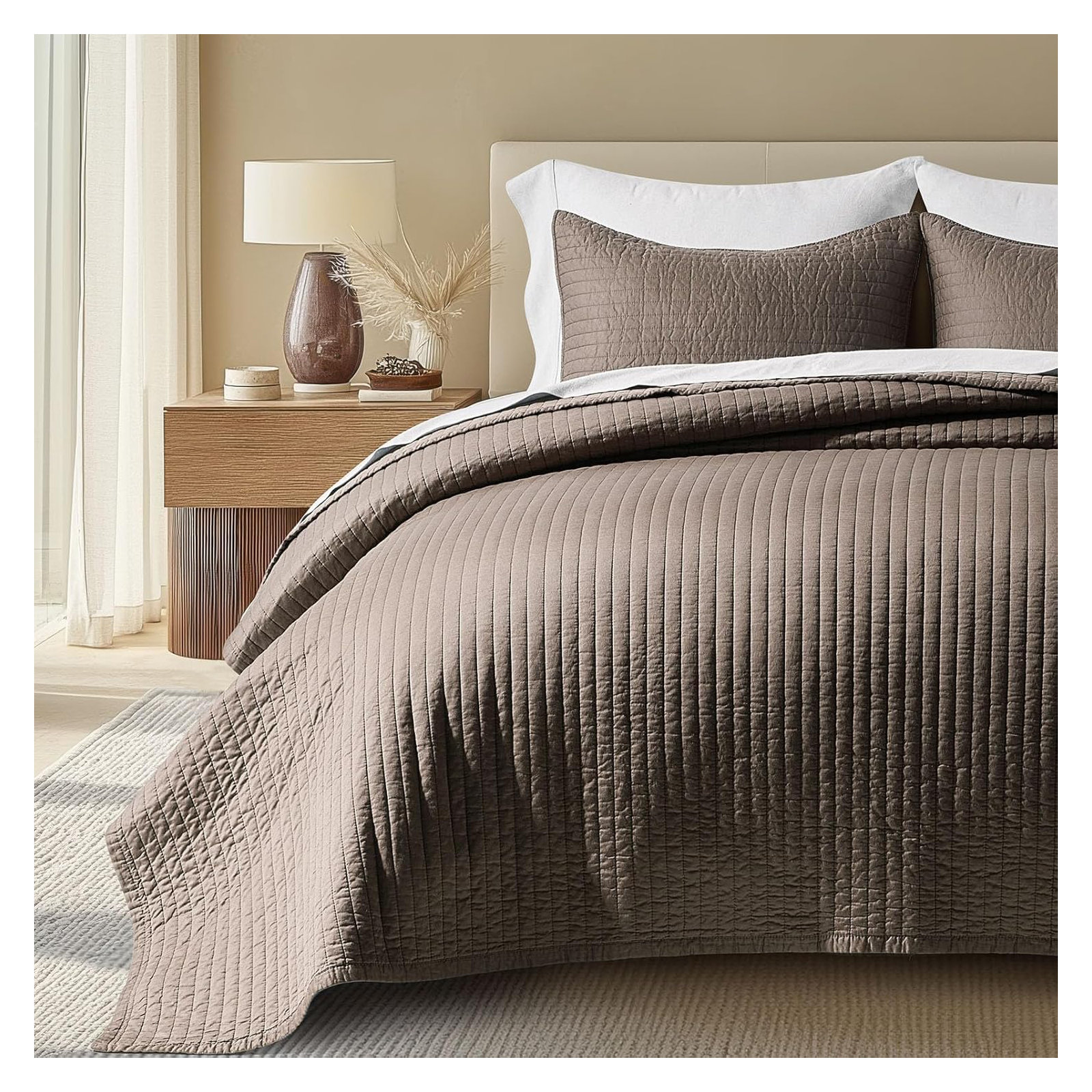 Oversized Cotton Sateen Channel Stitch Quilt Set - 3 Pieces King/Queen Bedding Comforter Set with Pillow Shams, All Season Lightweight Bedspread