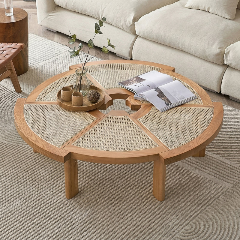 Table basse de 39,4 po en rotin moderne avec structure en bois d'hévéa et table de salon tissée à la main