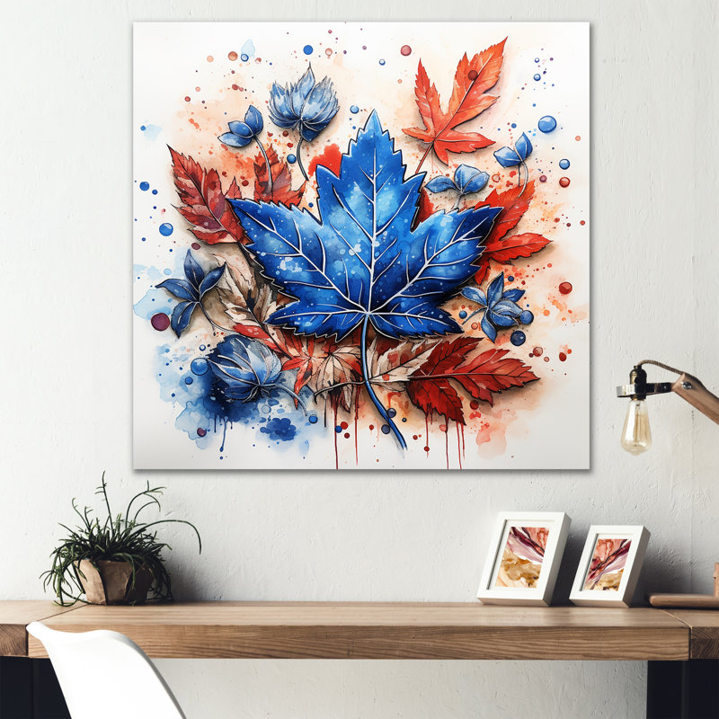 Bleu et rouge, feuille d'érable de Toronto - art mural hockey, Toile tendue, H 16 po x l 16 po x P 1 po