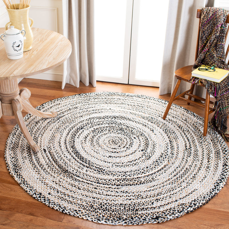 Nereine Natural Fiber Hand Loomed Jute/Cotton Striped Rug in Ivory/Black, Round 6'6"