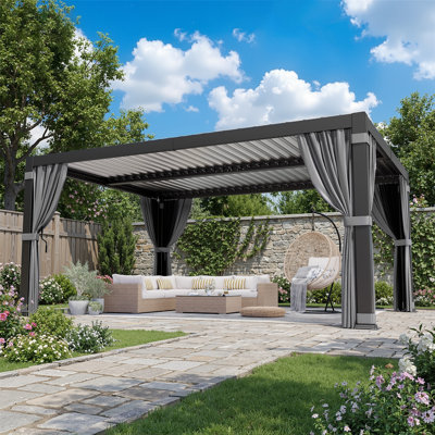 Pergola d'extérieur en aluminium VIWAT avec toit à persiennes réglable, rideaux d'intimité et filet