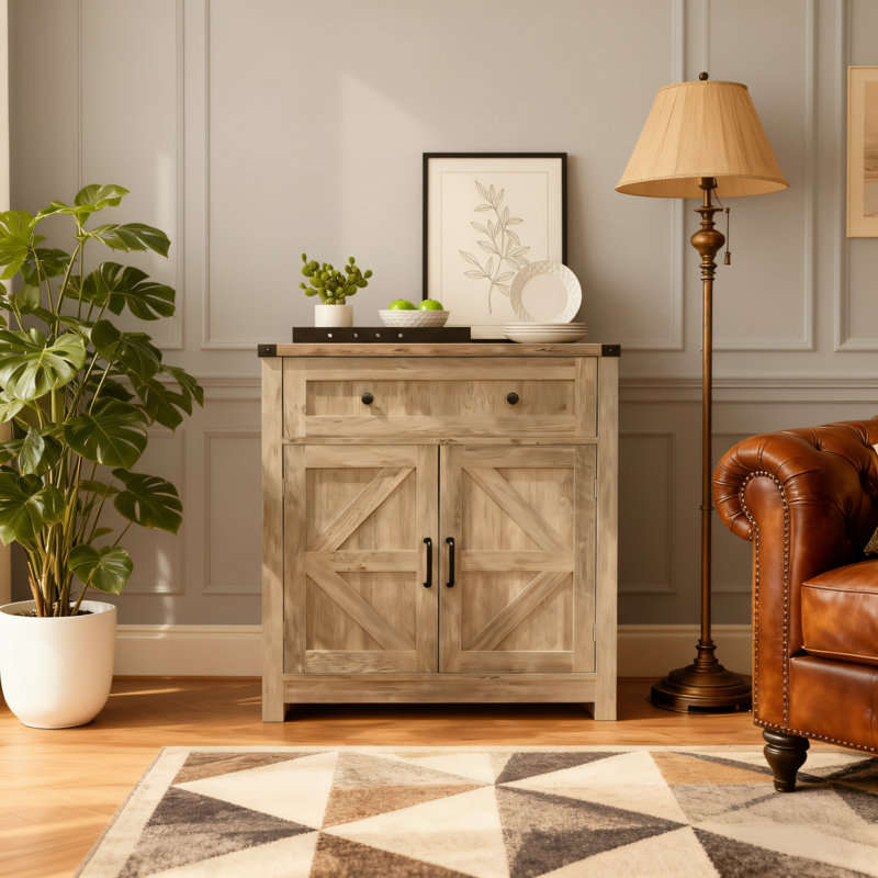 Brown Washed Wood Barn Door Storage Cabinet With Drawers, Suitable For Storage And Décor In Kitchens And Living Rooms., Brown
