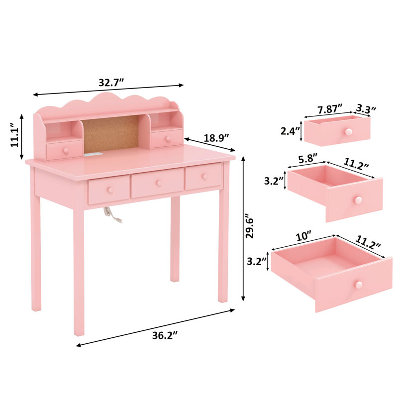 Mailiah Solid Wood Base Writing Desk with Power Outlet, Pink