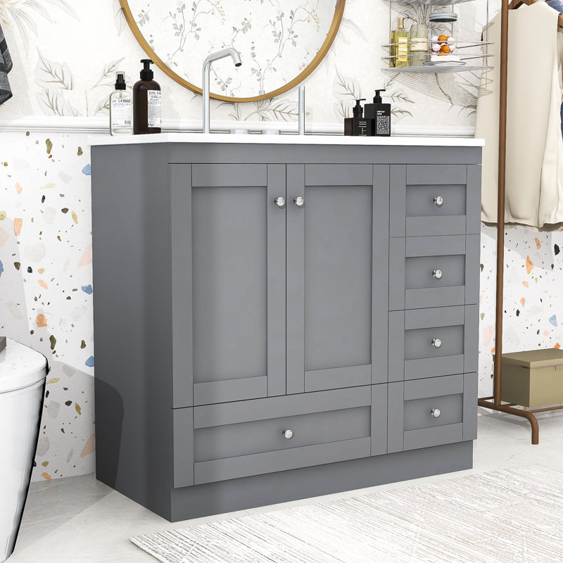 Meuble-lavabo sur pied 36 po avec lavabo, tiroirs et portes à fermeture en douceur 36 po, Gris