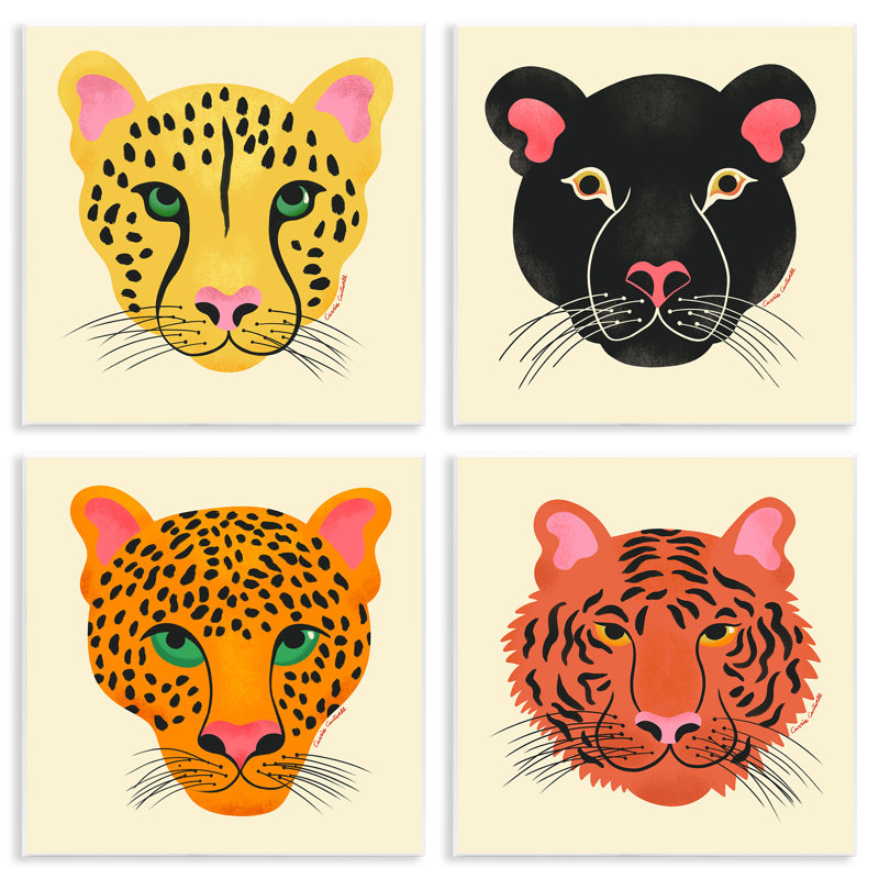 Ensemble de 4 plaques murales Modern Jungle Wildlife faces, par Carrie Cantwell
