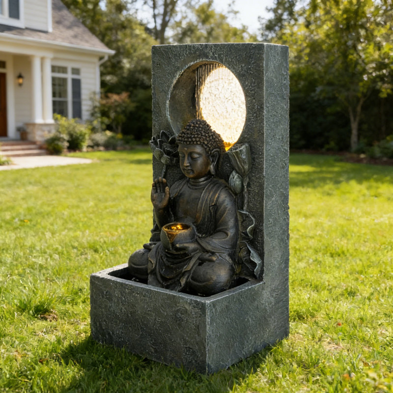 Fontaine en forme de cascade de Bouddha de 28 po de hauteur avec lumières à DEL, dispositif d'eau autoportant en résine zen pour le patio, le jardin, la cour et la décoration intérieure