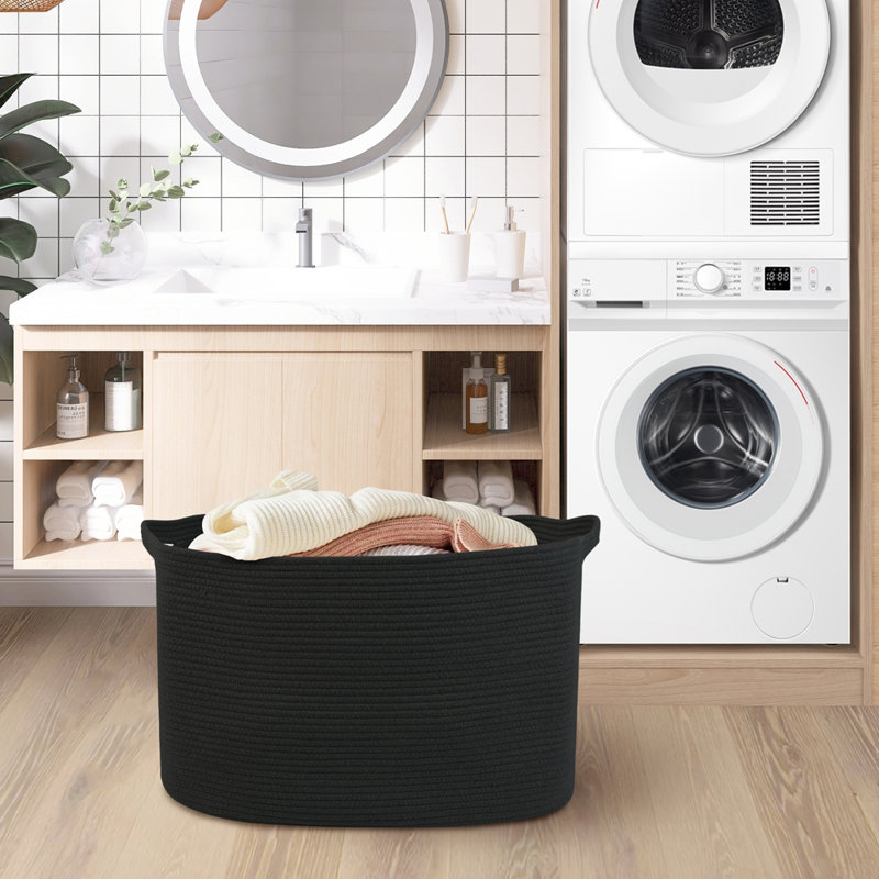 Ebern Designs 16" Tall Cotton Rope Storage Basket - 62L Large Woven Laundry Hamper for Blankets, Toys & Nursery, Foldable Decorative Bin with Reinforced Handles