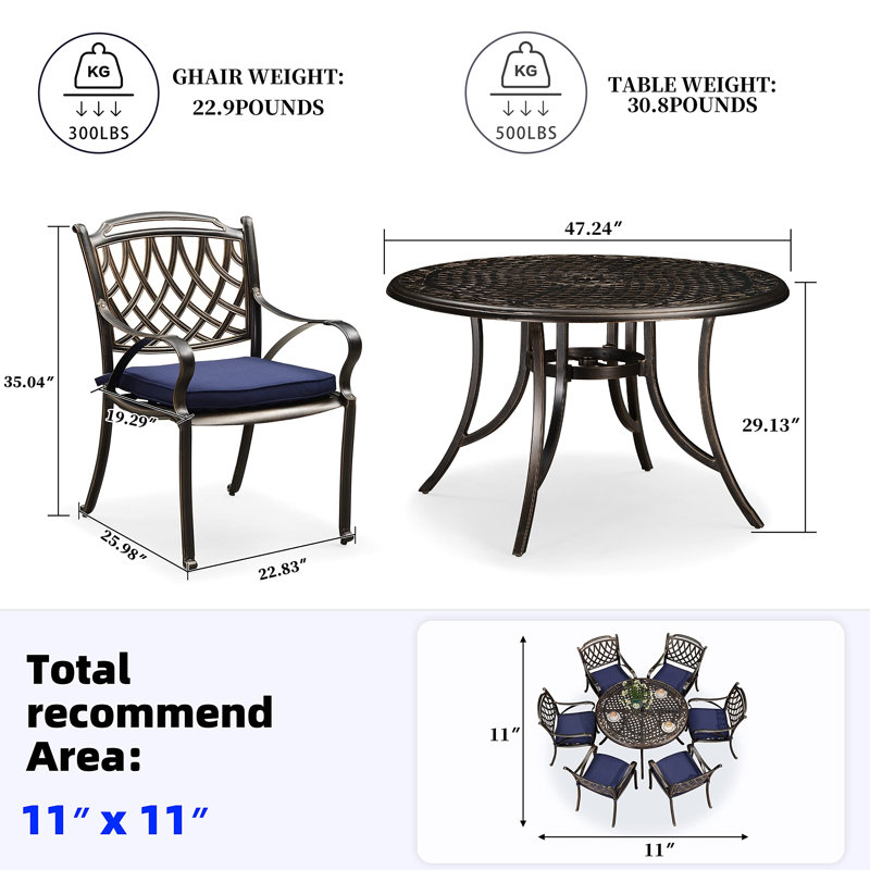Ensemble de salle à manger rond en aluminium 47,24 po pour 6 personnes, Bleu marine