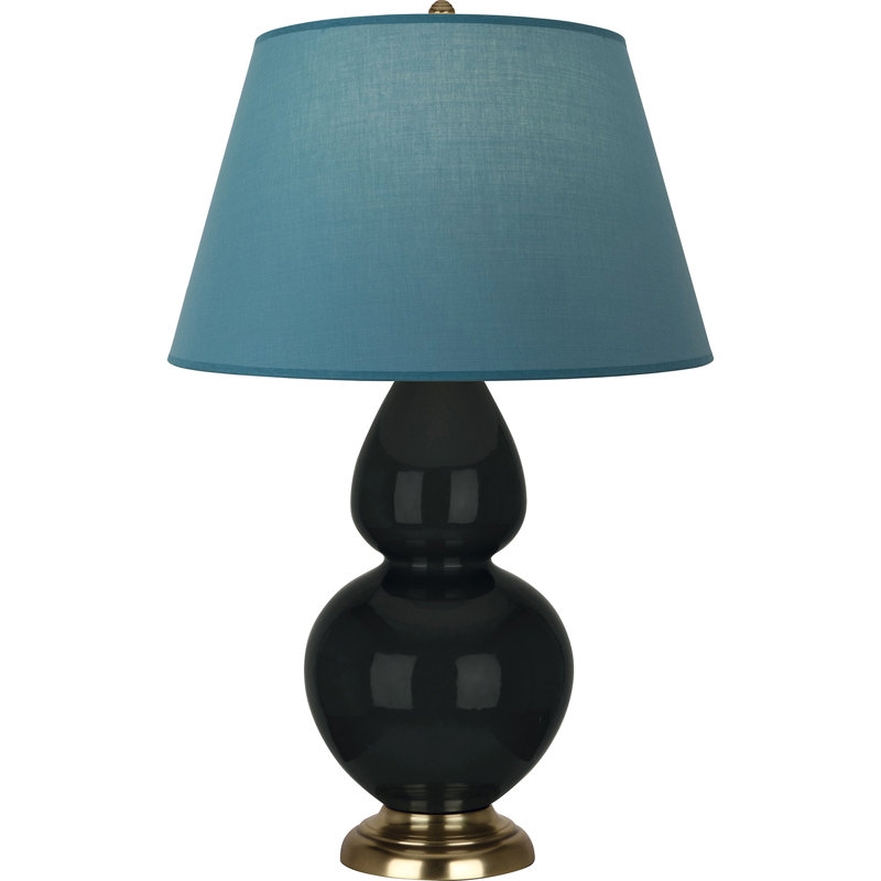 Lampe de table double gourde en céramique, Obsidienne vernie / laiton, Bleu vif / gris, Laiton