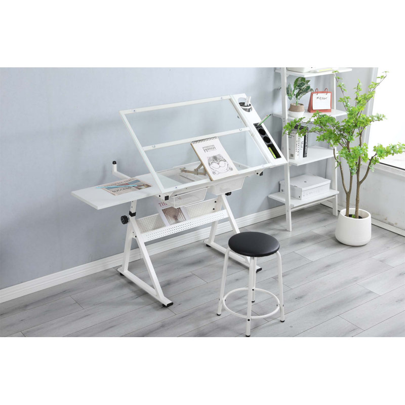 Adjustable Tempered Glass Drafting Printing Table With Chair And Multiple Storage Solutions, Perfect For Artists And Professionals.