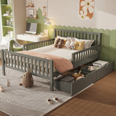Lit simple et double de taille standard avec garde-corps sur les deux côtés et deux tiroirs de rangement, lit en pin massif de conception classique, disponible en blanc, rose, gris et noyer, sans sommier