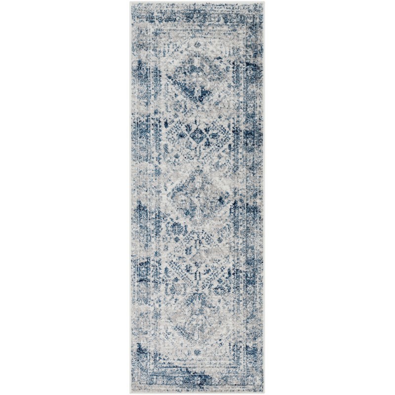 Lake City Oriental Area Rug, Sky Blue/Light Gray//Navy, Runner 78cm x 220cm
