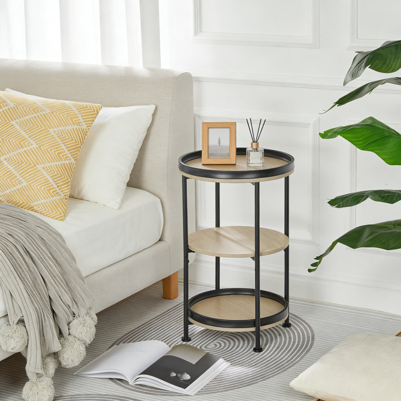 Industrial Round Side Table With Charging Station And 3 Shelves, End Table With USB Ports And Outlets For Living Room, Bedroom, Or Small Spaces